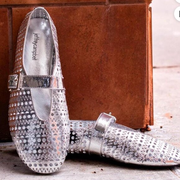 Jeffrey Campbell Mary Jane Shelly Flats Silver Perforated Leather Buckle 6 - Picture 1 of 6